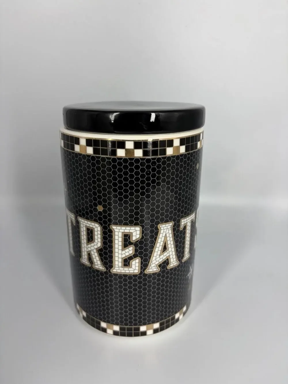 Anthropologie Bistro Tile Stoneware 24k Gold Accent Halloween Small Canister